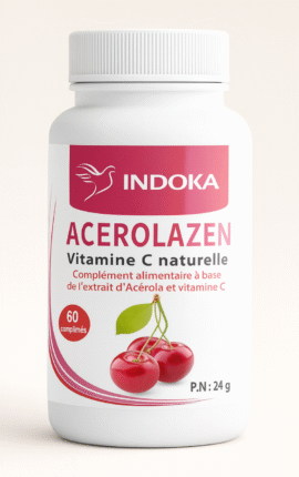 INDOKA Acerolazen 60 dietary supplement bottle with natural Vitamin C, displayed on a minimalist neutral background with a clean and professional presentation.
