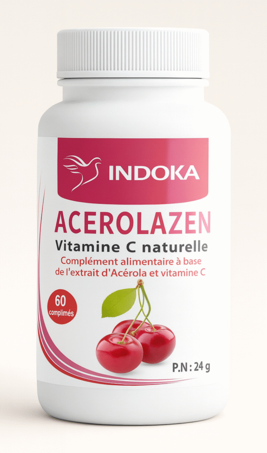 INDOKA Acerolazen 60 dietary supplement bottle with natural Vitamin C, displayed on a minimalist neutral background with a clean and professional presentation.