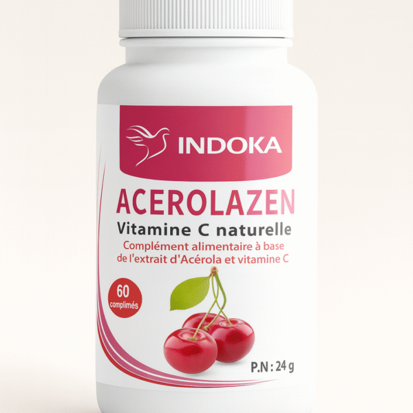 INDOKA Acerolazen 60 dietary supplement bottle with natural Vitamin C, displayed on a minimalist neutral background with a clean and professional presentation.