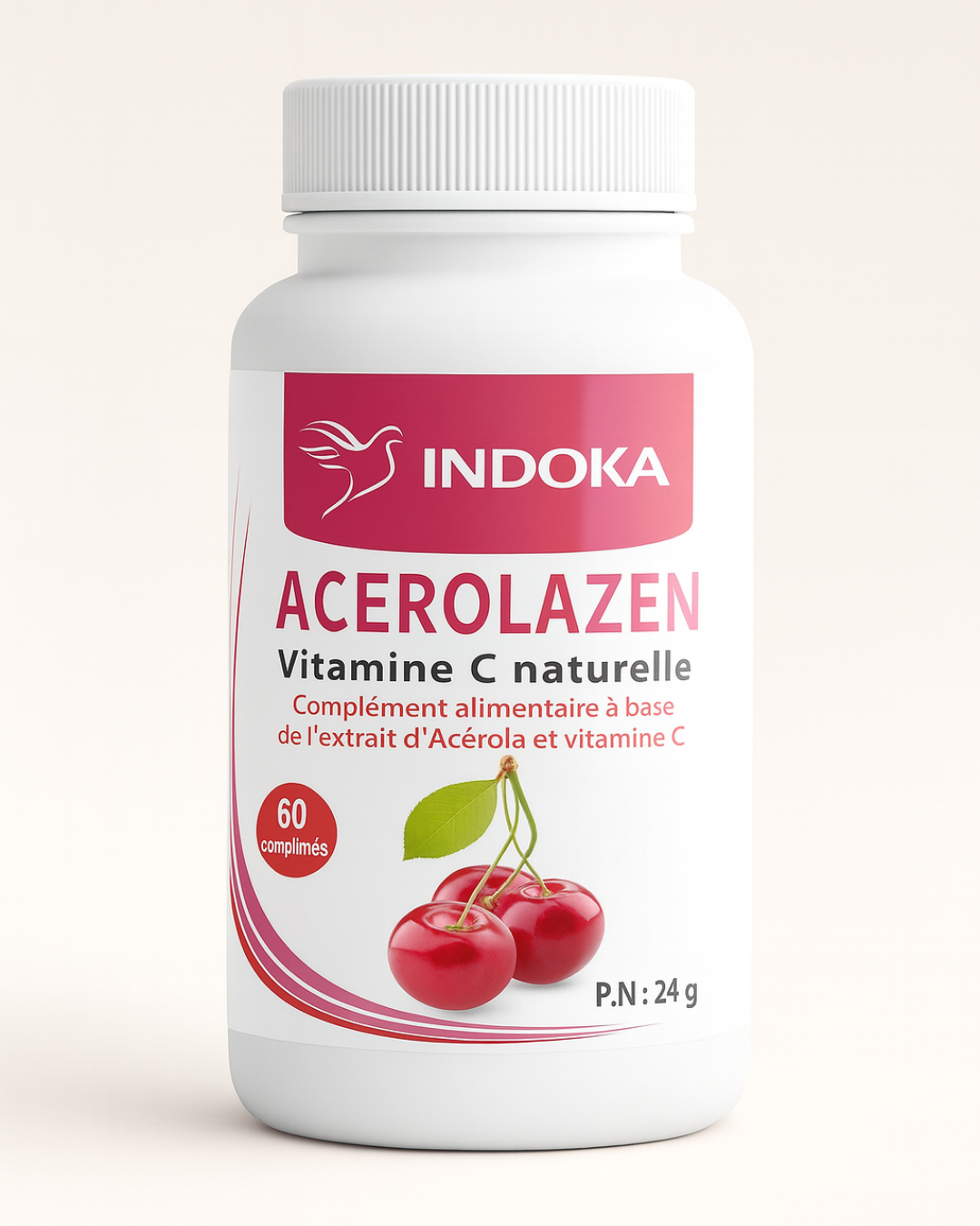 INDOKA Acerolazen 60 dietary supplement bottle with natural Vitamin C, displayed on a minimalist neutral background with a clean and professional presentation.