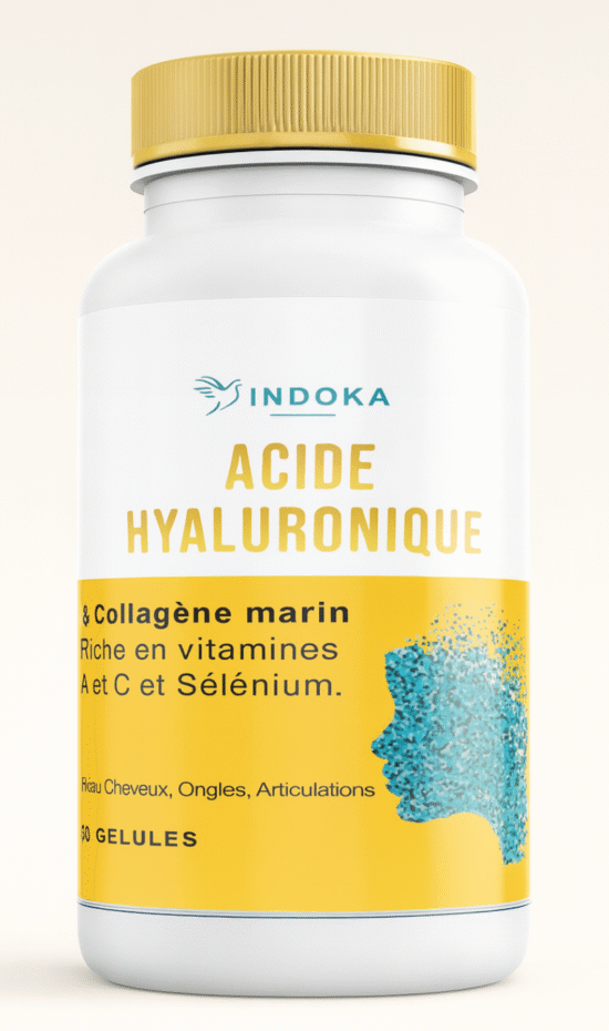 Une bouteille blanche de compléments alimentaires 'ACIDE HYALURONIQUE 60' de la marque INDOKA, avec une étiquette jaune et bleue, photographiée sur un fond neutre et clair.