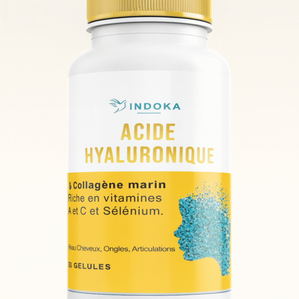Une bouteille blanche de compléments alimentaires 'ACIDE HYALURONIQUE 60' de la marque INDOKA, avec une étiquette jaune et bleue, photographiée sur un fond neutre et clair.