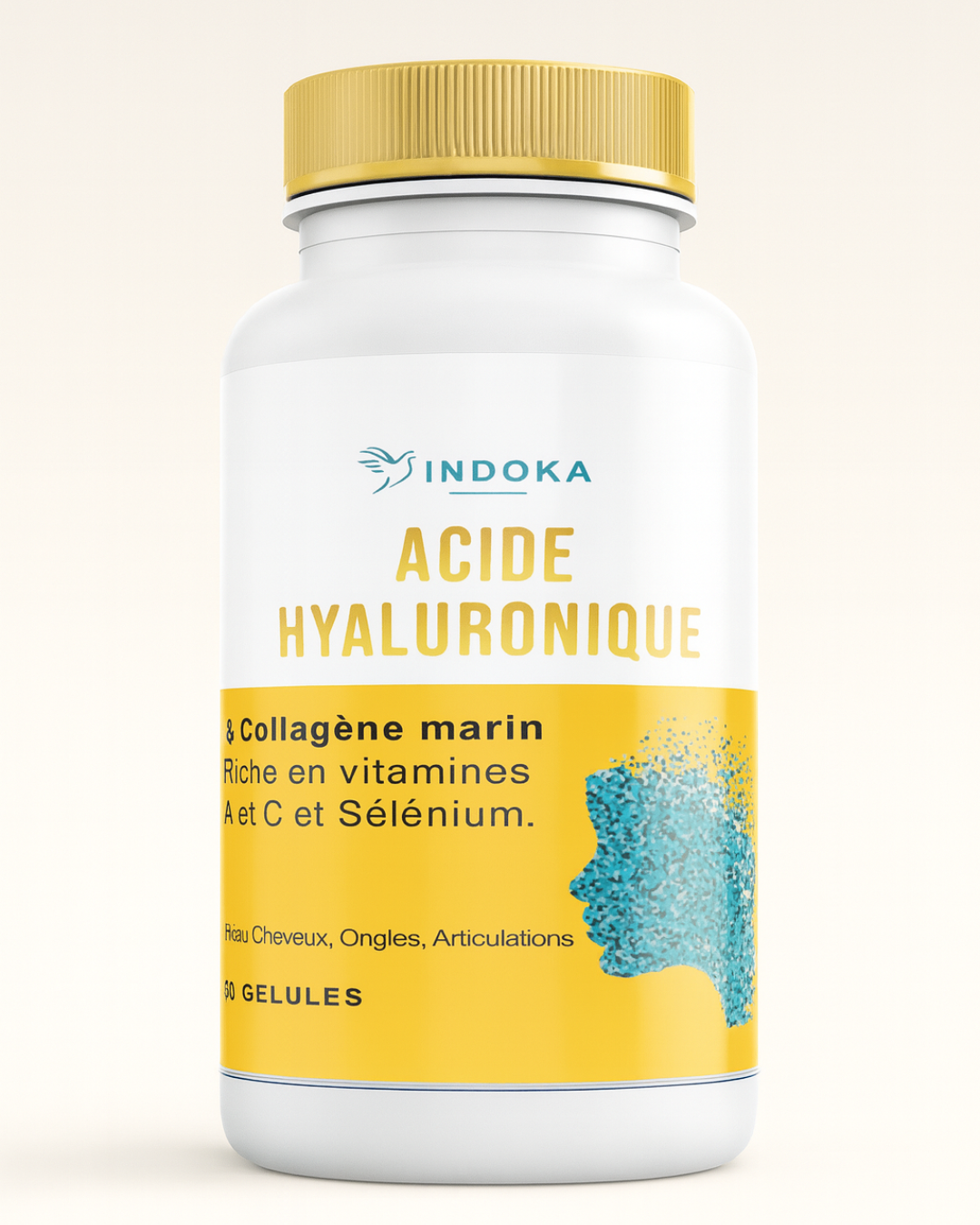 Une bouteille blanche de compléments alimentaires 'ACIDE HYALURONIQUE 60' de la marque INDOKA, avec une étiquette jaune et bleue, photographiée sur un fond neutre et clair.