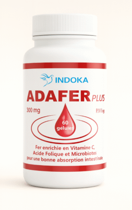 Flacon du complément alimentaire INDOKA ADAFER Plus présenté sur un fond neutre, avec un design minimaliste mettant en valeur l’étiquette rouge et blanche indiquant 300 mg, 60 gélules et les bénéfices en fer, vitamine C, acide folique et microbiotes.
