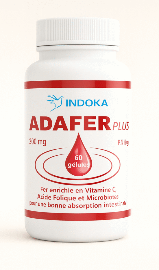 Flacon du complément alimentaire INDOKA ADAFER Plus présenté sur un fond neutre, avec un design minimaliste mettant en valeur l’étiquette rouge et blanche indiquant 300 mg, 60 gélules et les bénéfices en fer, vitamine C, acide folique et microbiotes.