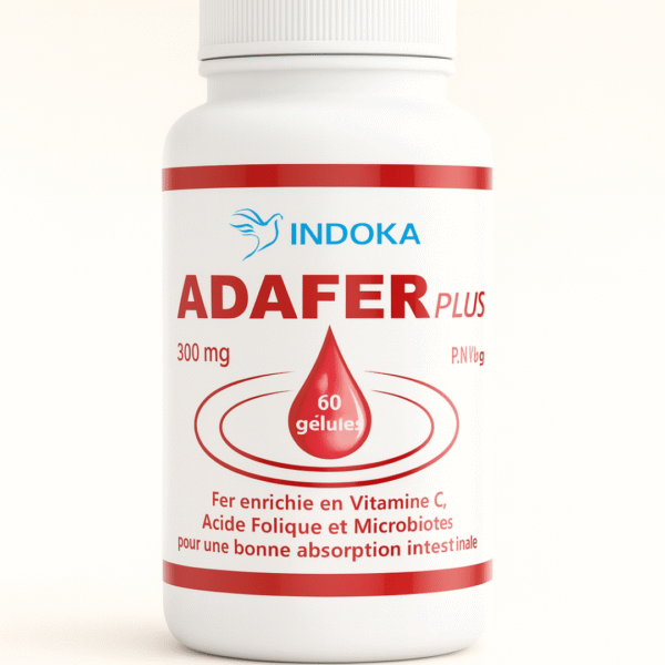 Flacon du complément alimentaire INDOKA ADAFER Plus présenté sur un fond neutre, avec un design minimaliste mettant en valeur l’étiquette rouge et blanche indiquant 300 mg, 60 gélules et les bénéfices en fer, vitamine C, acide folique et microbiotes.