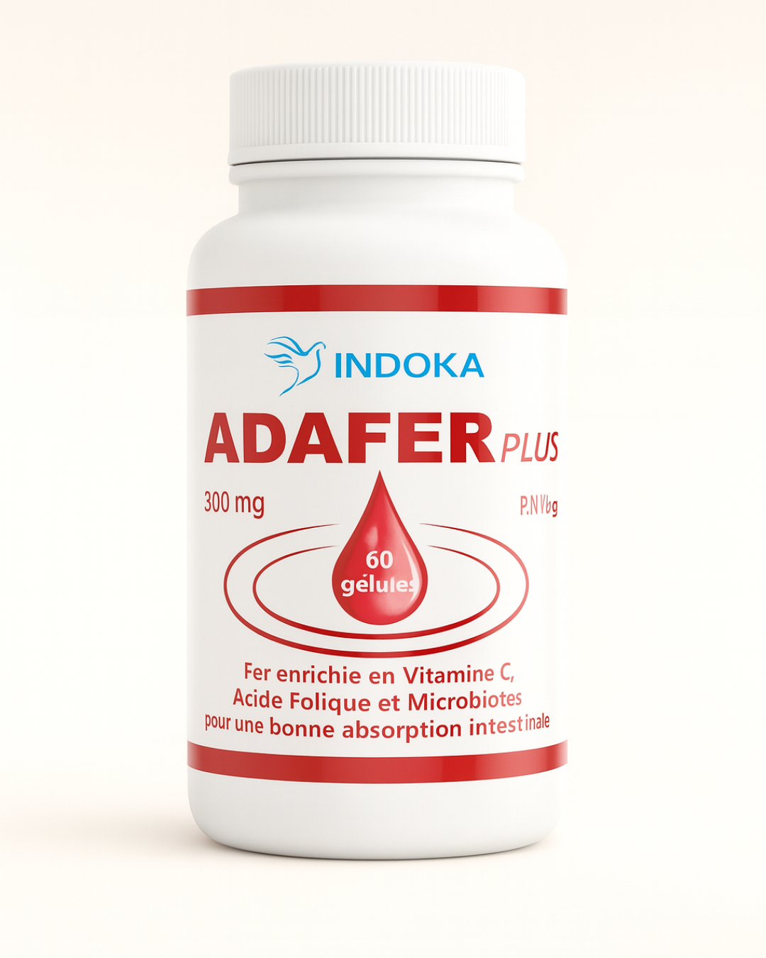 Flacon du complément alimentaire INDOKA ADAFER Plus présenté sur un fond neutre, avec un design minimaliste mettant en valeur l’étiquette rouge et blanche indiquant 300 mg, 60 gélules et les bénéfices en fer, vitamine C, acide folique et microbiotes.