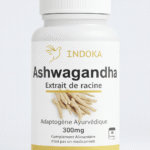 Complément alimentaire Ashwagandha 60 gélules INDOKA, extrait de racine 300 mg, adaptogène ayurvédique pour stress et énergie, flacon blanc sur fond neutre.