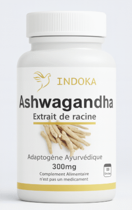 Complément alimentaire Ashwagandha 60 gélules INDOKA, extrait de racine 300 mg, adaptogène ayurvédique pour stress et énergie, flacon blanc sur fond neutre.