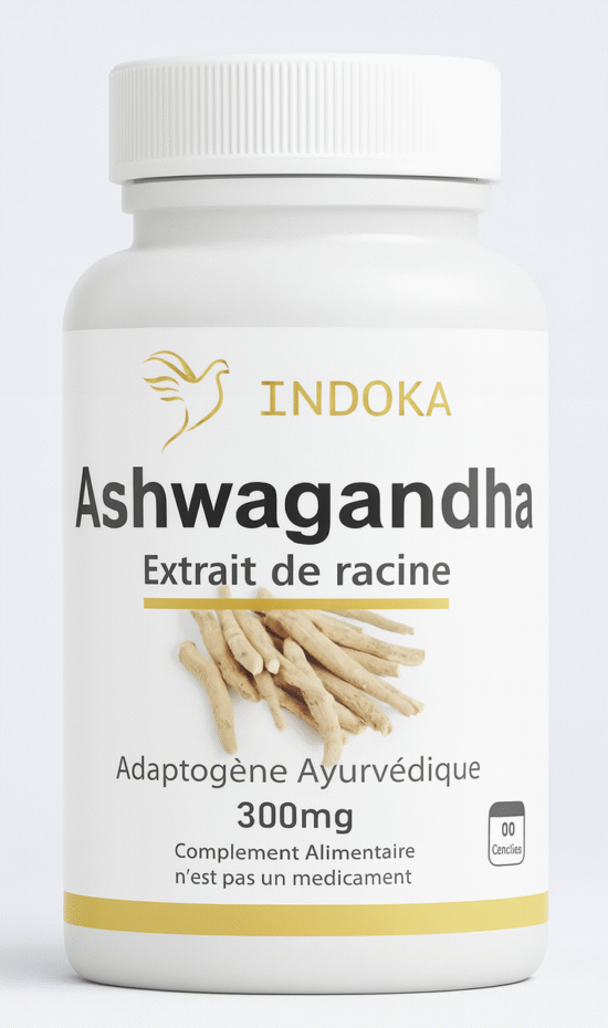 Complément alimentaire Ashwagandha 60 gélules INDOKA, extrait de racine 300 mg, adaptogène ayurvédique pour stress et énergie, flacon blanc sur fond neutre.