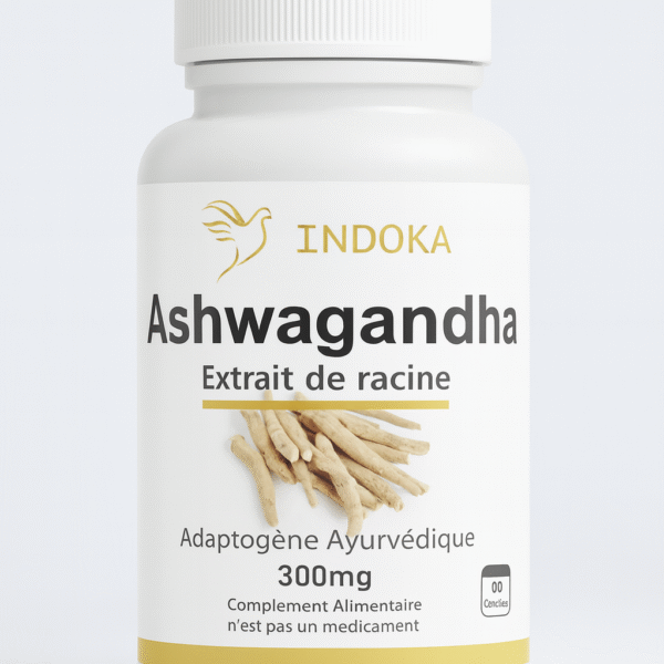 Complément alimentaire Ashwagandha 60 gélules INDOKA, extrait de racine 300 mg, adaptogène ayurvédique pour stress et énergie, flacon blanc sur fond neutre.