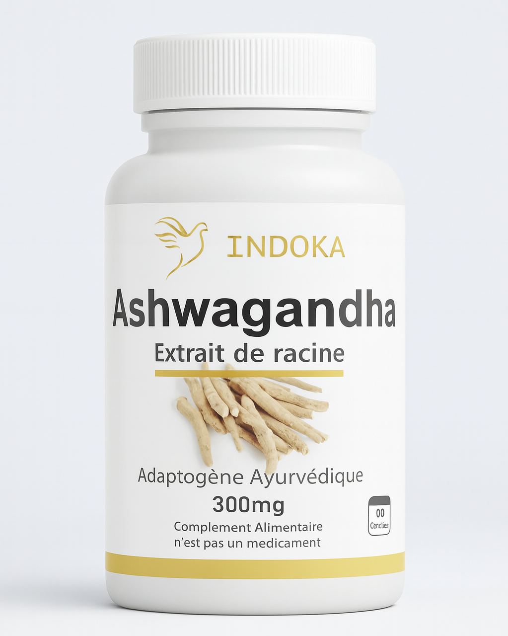 Complément alimentaire Ashwagandha 60 gélules INDOKA, extrait de racine 300 mg, adaptogène ayurvédique pour stress et énergie, flacon blanc sur fond neutre.
