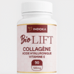 Bio-lift collagène 90 gélules, complément au collagène, acide hyaluronique et vitamine E, bouteille blanche sur fond neutre, présentation e-commerce.
