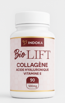 Bio-lift collagène 90 gélules, complément au collagène, acide hyaluronique et vitamine E, bouteille blanche sur fond neutre, présentation e-commerce.