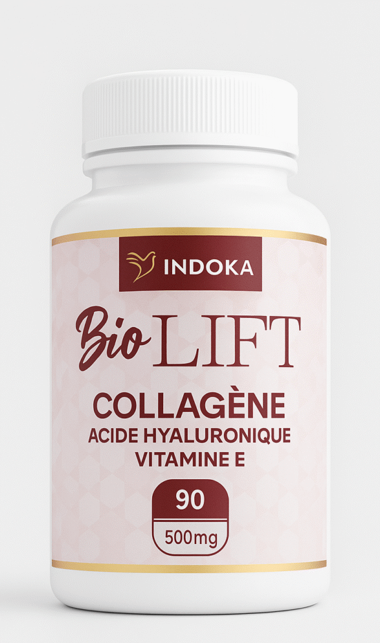 Bio-lift collagène 90 gélules, complément au collagène, acide hyaluronique et vitamine E, bouteille blanche sur fond neutre, présentation e-commerce.