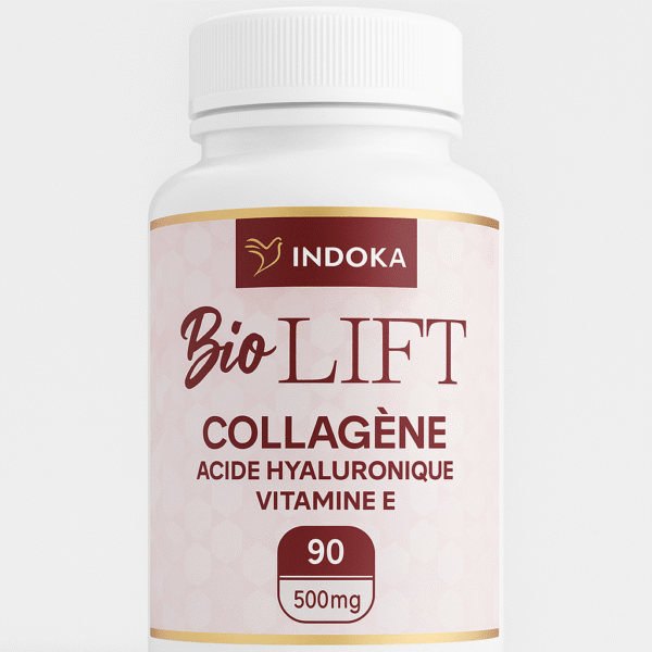 Bio-lift collagène 90 gélules, complément au collagène, acide hyaluronique et vitamine E, bouteille blanche sur fond neutre, présentation e-commerce.