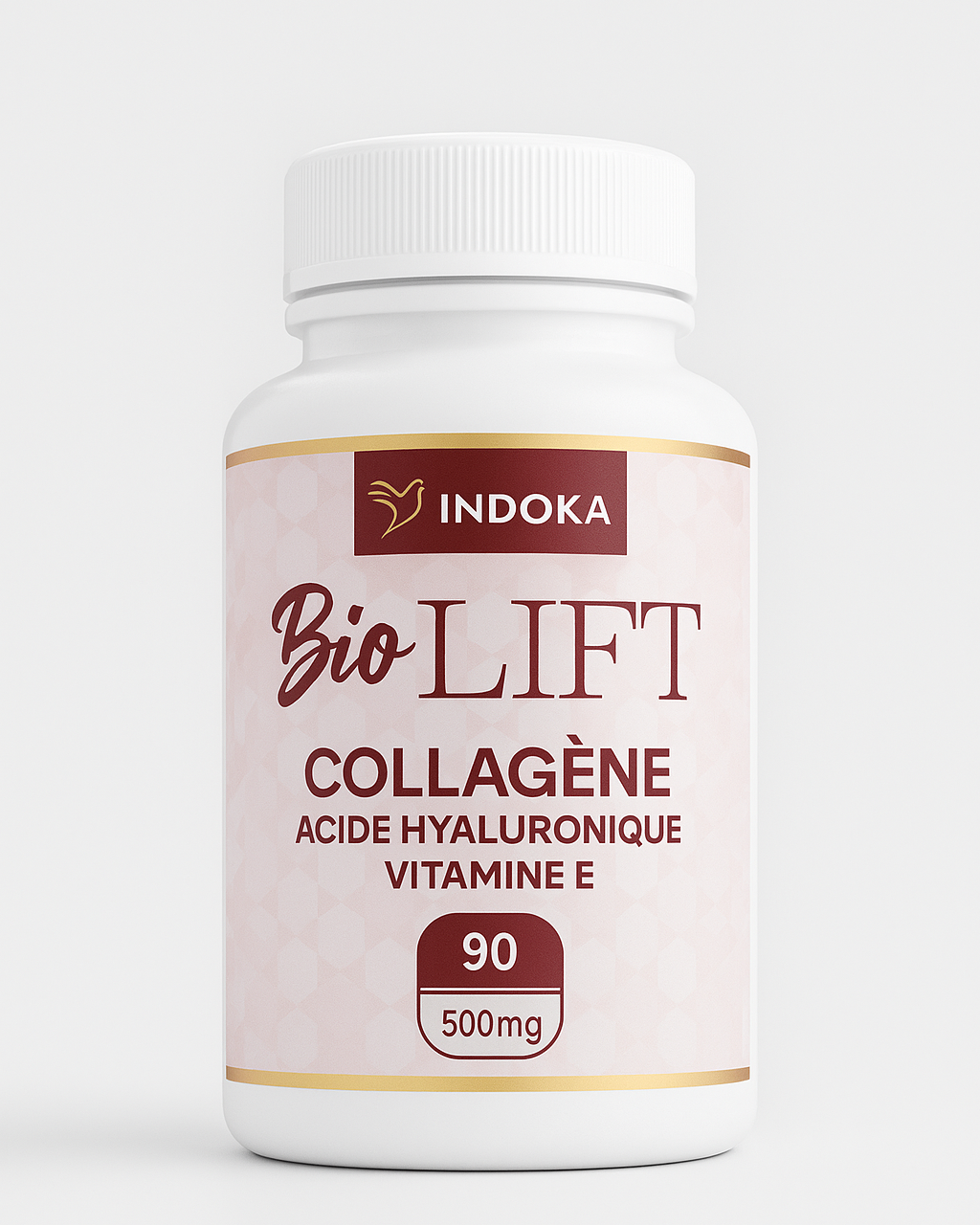 Bio-lift collagène 90 gélules, complément au collagène, acide hyaluronique et vitamine E, bouteille blanche sur fond neutre, présentation e-commerce.