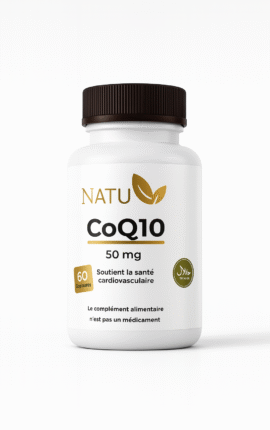 Flacon blanc de complément alimentaire NATU CoQ10 50 mg, 60 gélules, soutien de la santé cardiovasculaire, présenté sur fond blanc minimaliste.