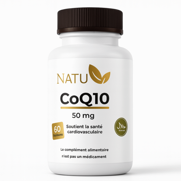 Flacon blanc de complément alimentaire NATU CoQ10 50 mg, 60 gélules, soutien de la santé cardiovasculaire, présenté sur fond blanc minimaliste.