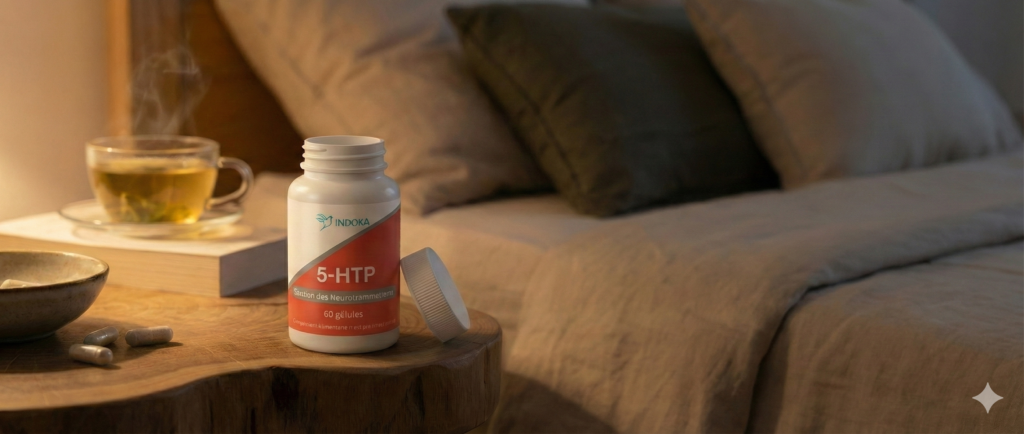 Flacon de 5-HTP de la marque Indoka posé sur une table de nuit en bois, ambiance sommeil et relaxation avec tisane.