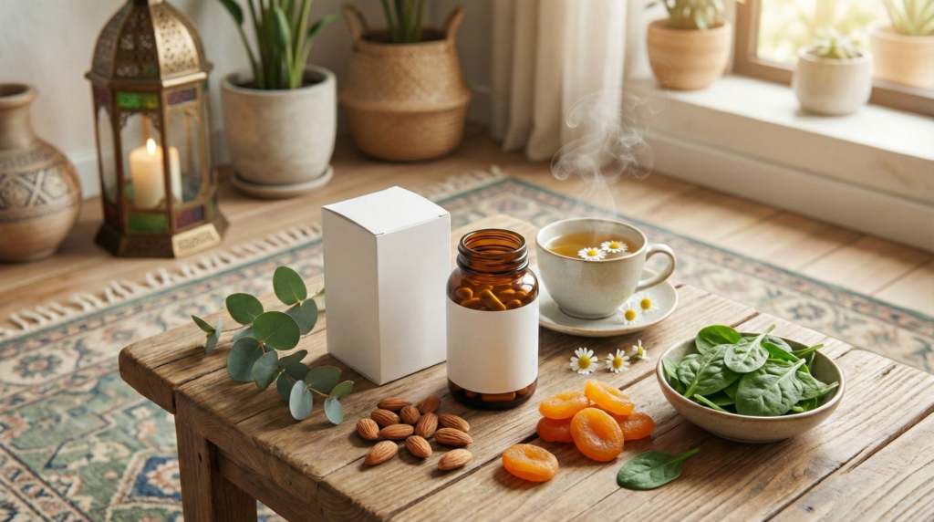 Illustration avis Adamag Magnésium : Flacon de complément alimentaire entouré d'aliments riches en magnésium (amandes, épinards) dans un décor marocain.