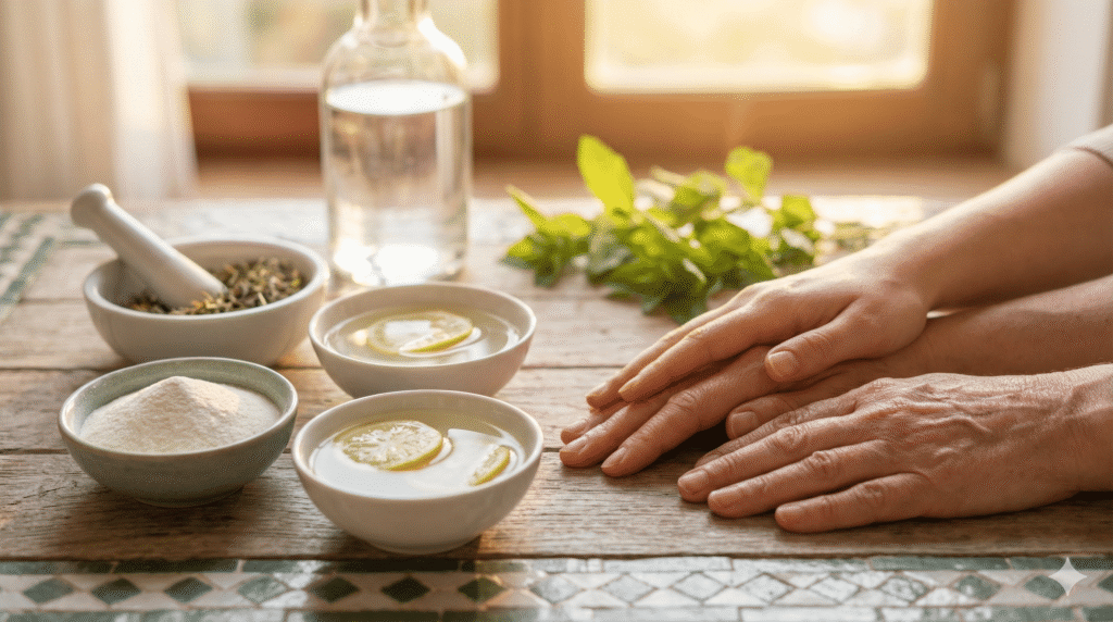 Mains d'une jeune femme et d'une femme plus âgée sur une table en zellige avec de la poudre de collagène naturelle, illustrant le meilleur age prise collagène.