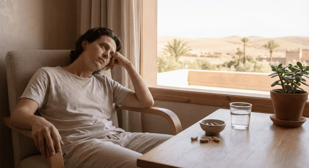 Personne épuisée assise dans un intérieur marocain avec des compléments burn-out naturels posés sur la table pour soulager la fatigue mentale.